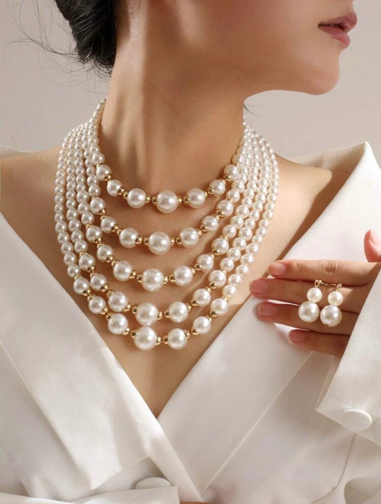 1pc Fashion Elegant Multi-Layer Versatile Pearl Decorative Women Necklace Set With 1 Pair Matching Women Pearl Earrings