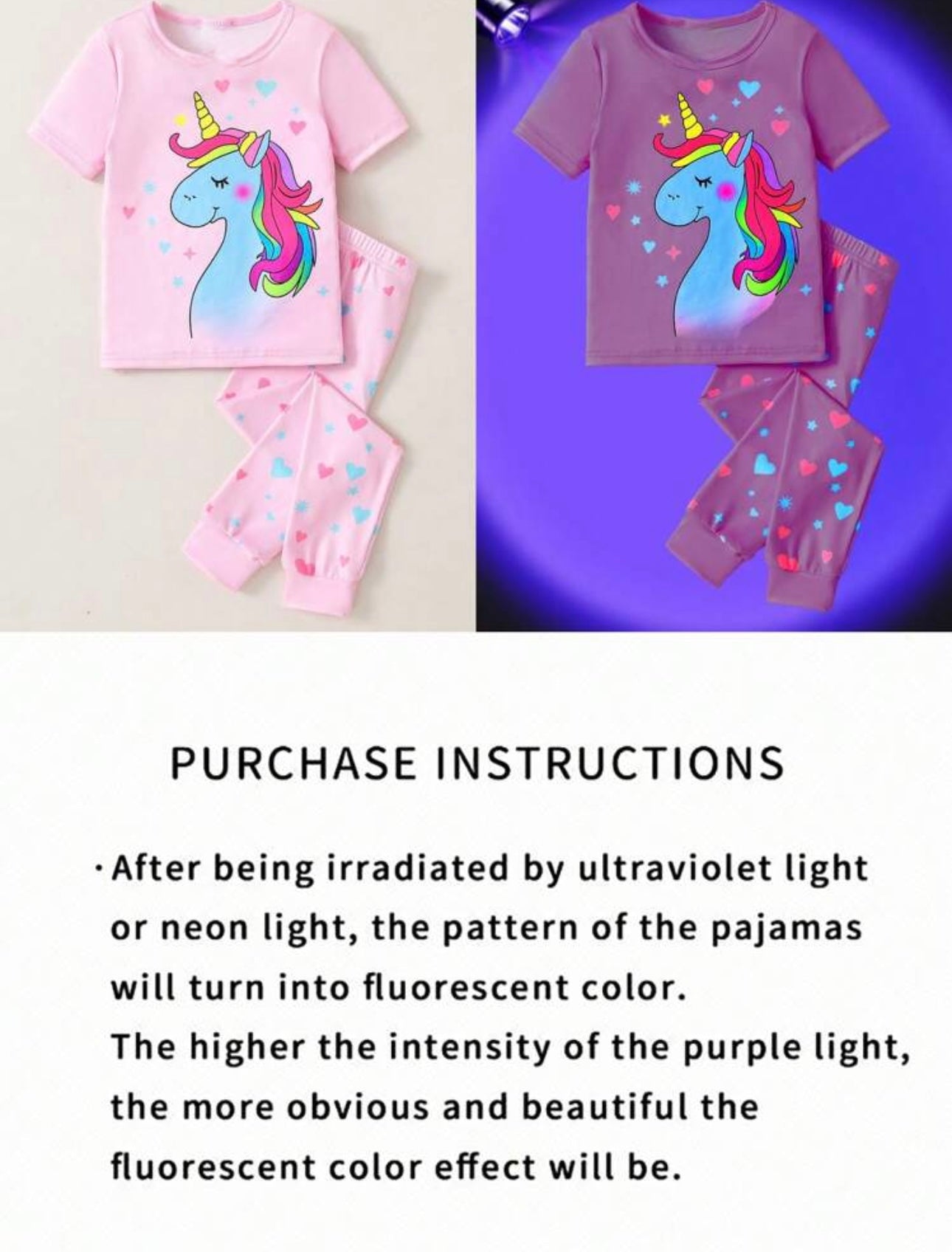 Young Girl Unicorn Graphic Glowing 2pcs Short Sleeve Top And Pants Sleepwear Set, Light Pink