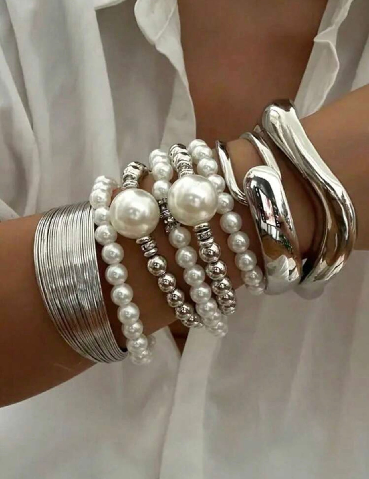 5pcs/Set Vintage Oversized Luxurious Quality CCB Bead & Faux Pearl Layered Bracelet Set