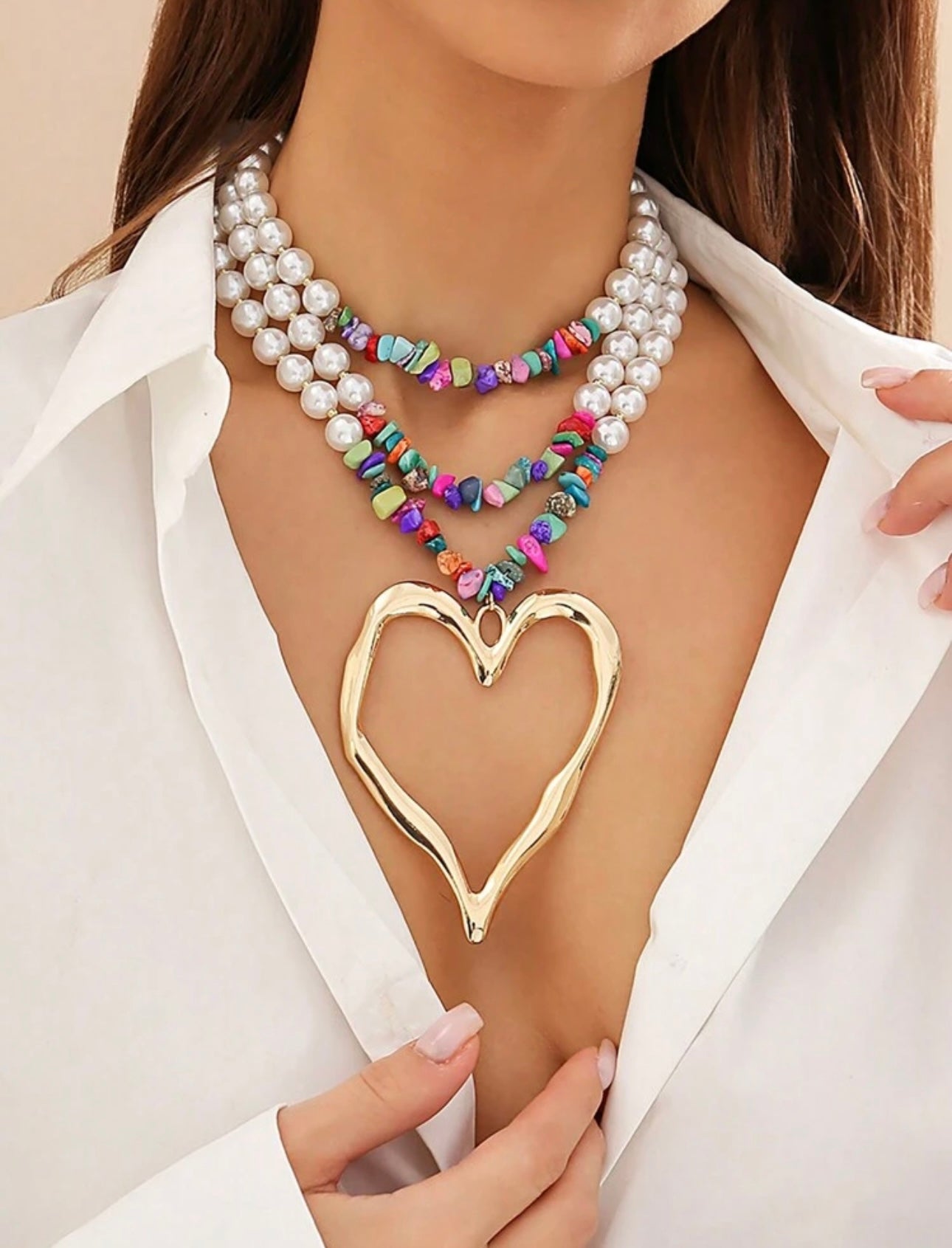 1pc Bohemian Vintage Multilayer Necklace, Featuring Colorful Turquoise Bead & Faux Pearl Strand, Asymmetrical Heart Pendant