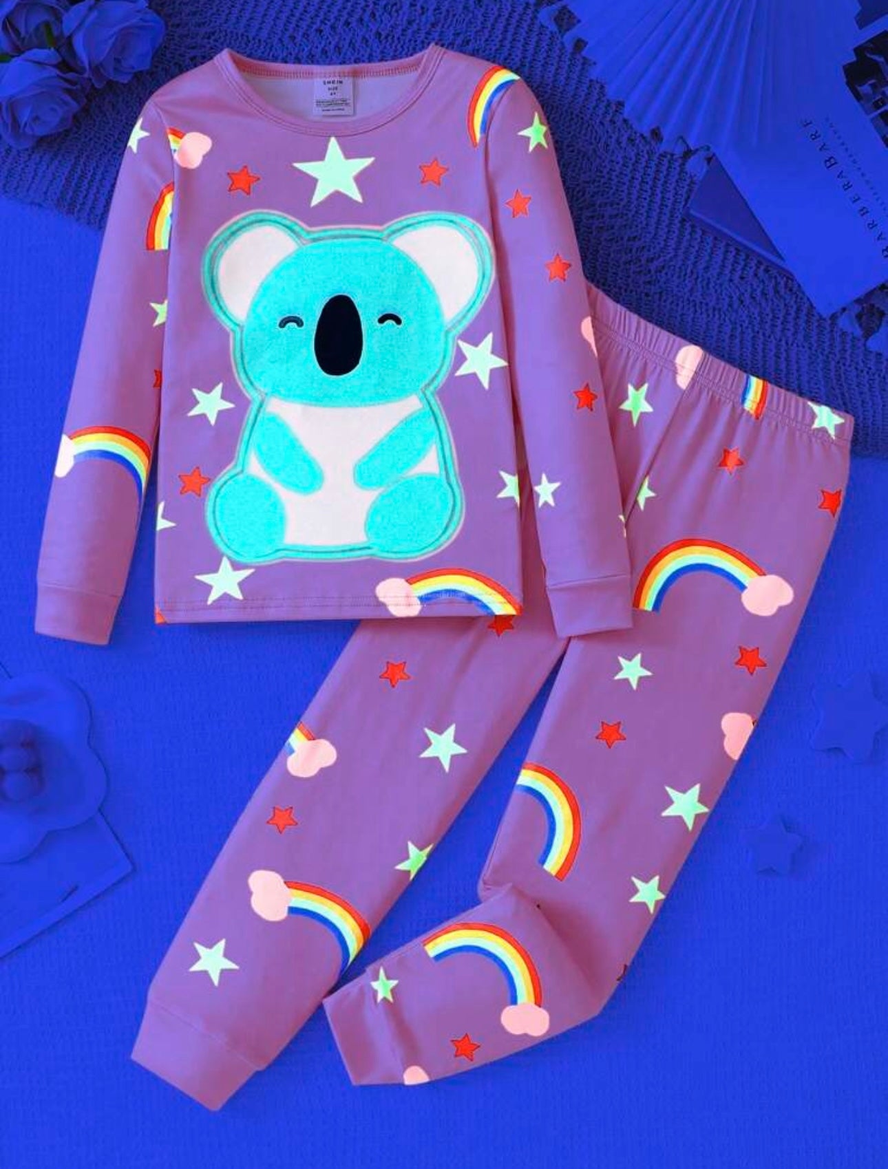 2pcs Young Girl Cute Rainbow Star Bear Print Long Sleeve Top And Leggings Pajamas Set