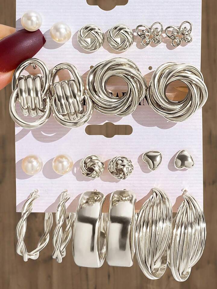11Pairs/Set Faux Pearl & Heart Decor Earrings