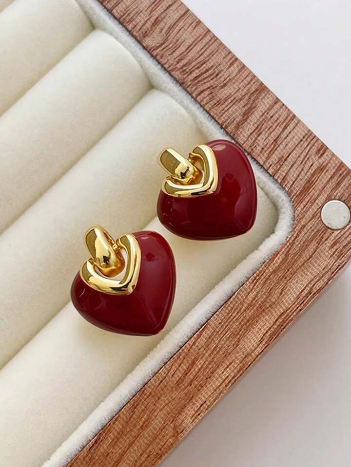 3pcs Enameled Heart Alloy Jewelry Set: Earrings, Necklace & Pendant, Versatile
