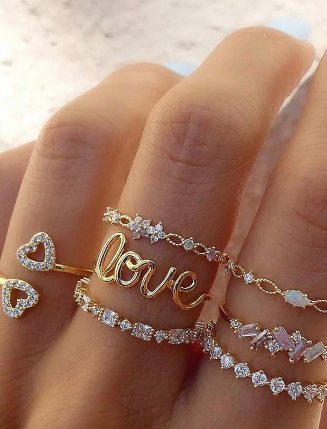 7pcs Set Full Crystal Heart Rings