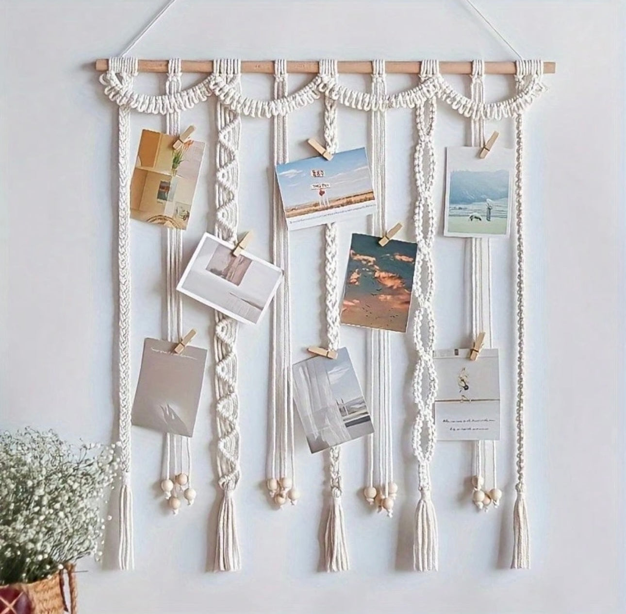 1pc, Macrame Wall Hanging Photo Display With Clips Collage Picture Frame Boho Wall Decor With Wooden Beads Garland Photo String With Clips Gift For Bedroom Dorm Living Room