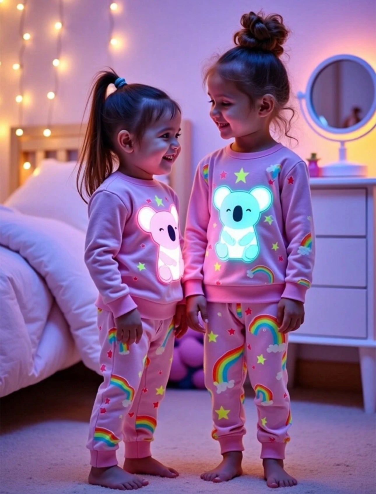 2pcs Young Girl Cute Rainbow Star Bear Print Long Sleeve Top And Leggings Pajamas Set