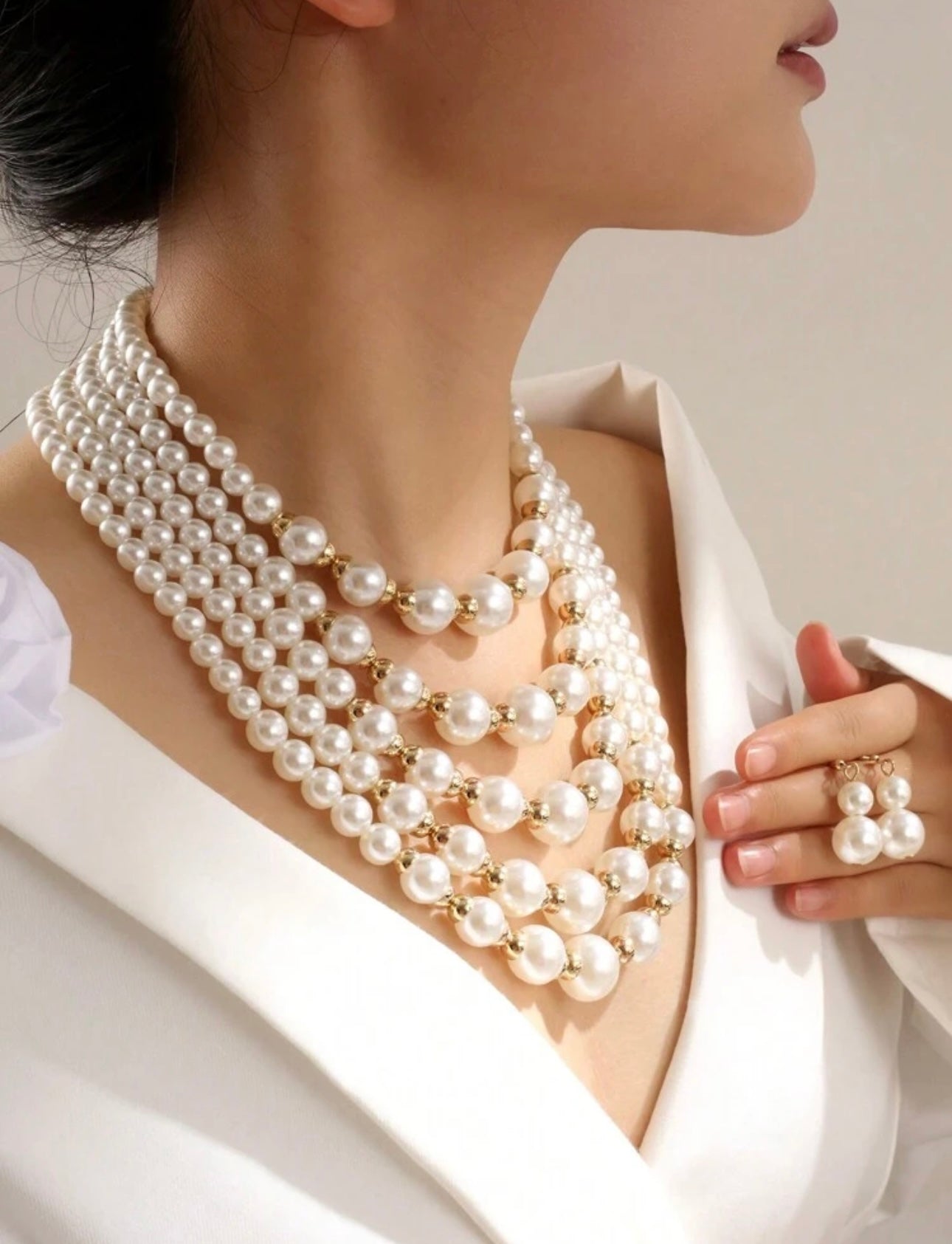 1pc Fashion Elegant Multi-Layer Versatile Pearl Decorative Women Necklace Set With 1 Pair Matching Women Pearl Earrings