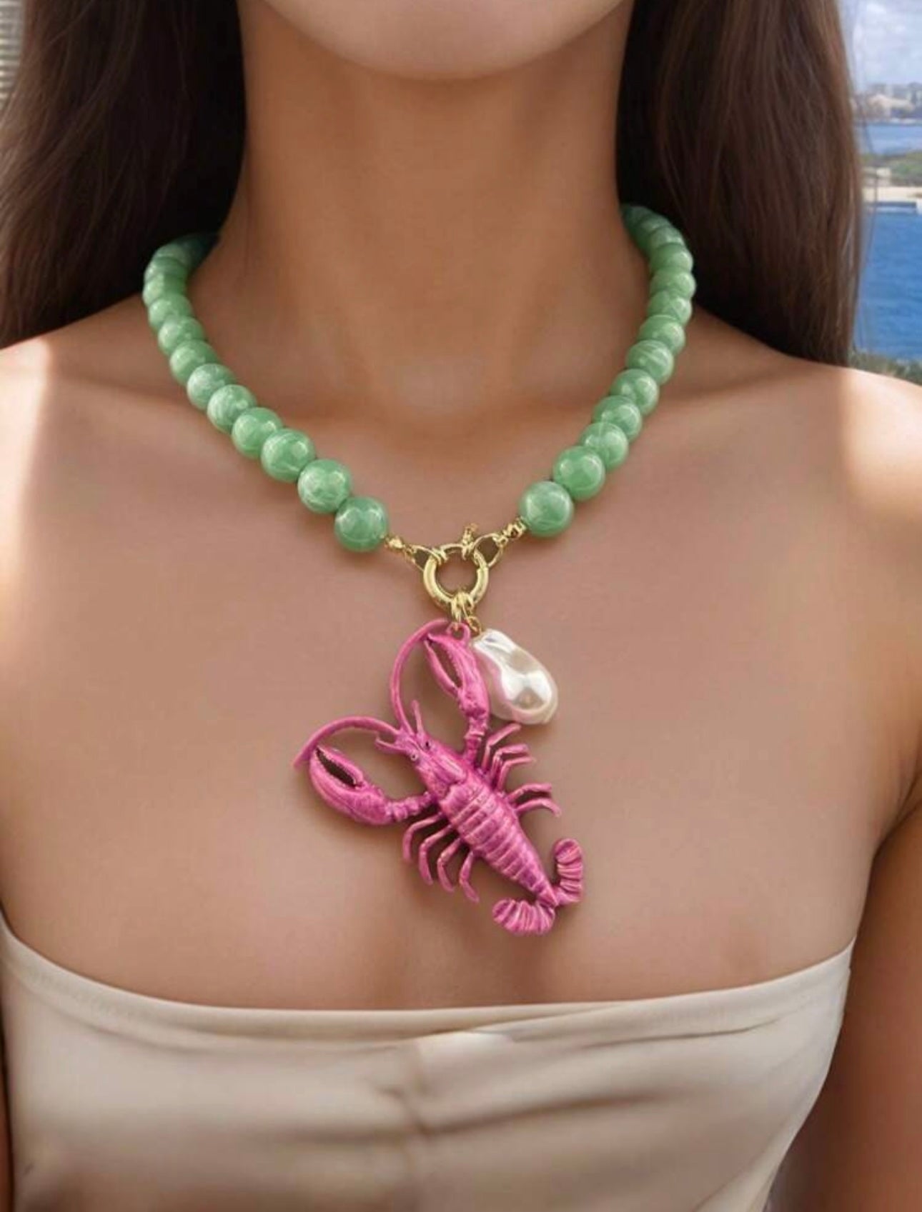 Vintage Retro Charm Lobster Beaded Handmade Woven Necklace, Fashion Resort Style Zinc Alloy Pendant Choker Necklace