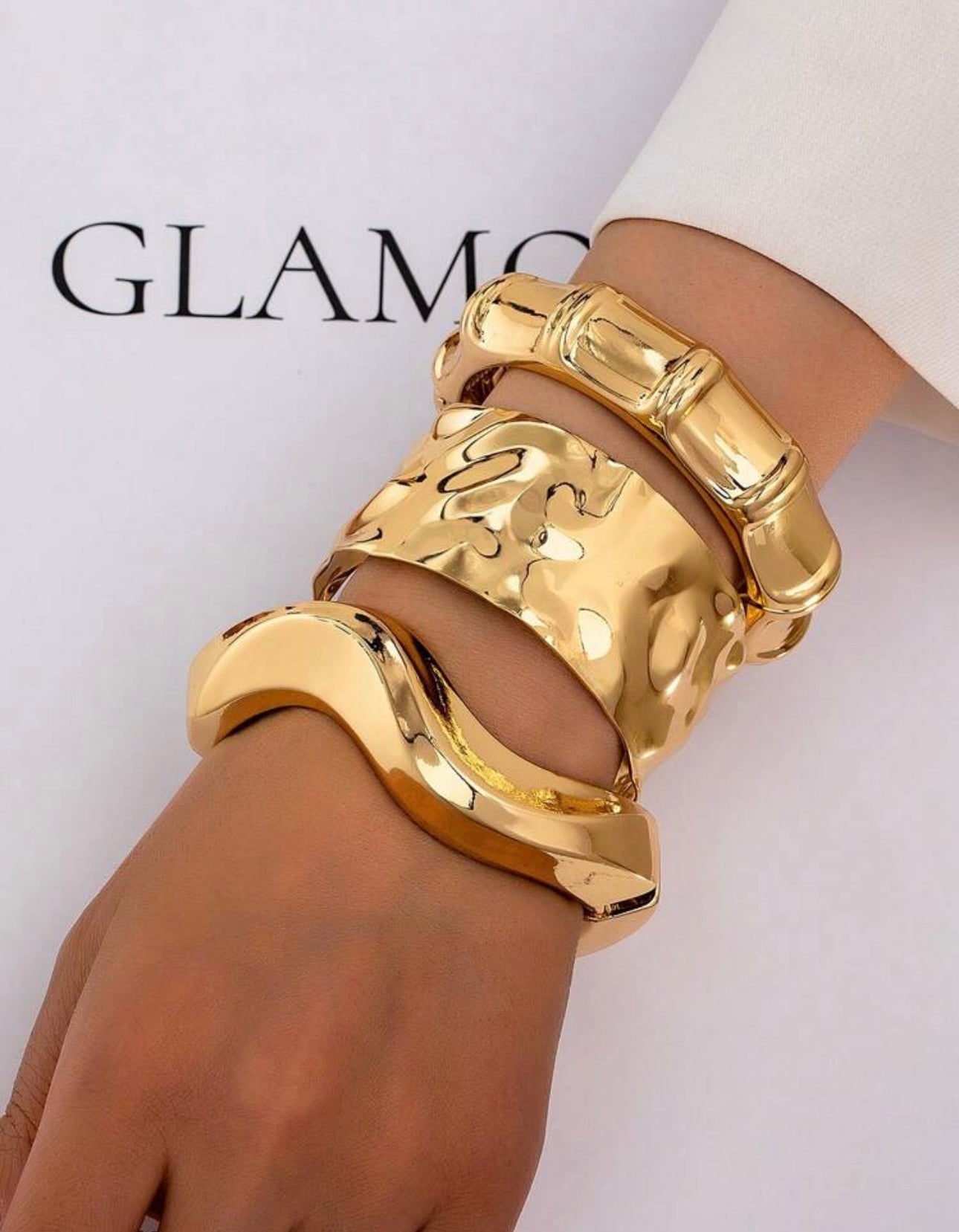 3pcs/1pc Minimalist Fashion Gold-Tone Geometric Wave Bamboo-Shaped Asymmetrical Bracelet Set, Suitable For Women, Chunky Smooth Metal And Zinc Alloy Material