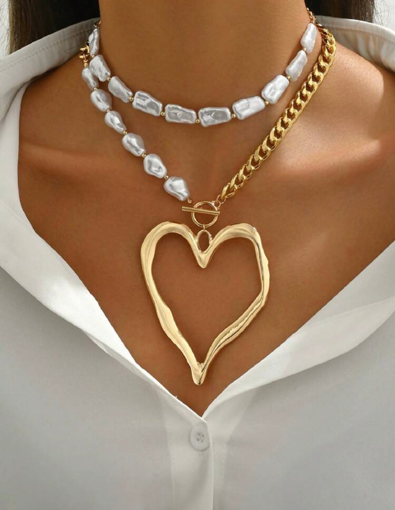 2pcs Vintage Exaggerated Fashion Metal Heart Pendant Necklace, Women Necklaces
