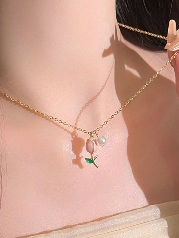 3pcs/Set Fashion Women Charm Tulip Flower Pendant Necklace Earrings Jewelry Set