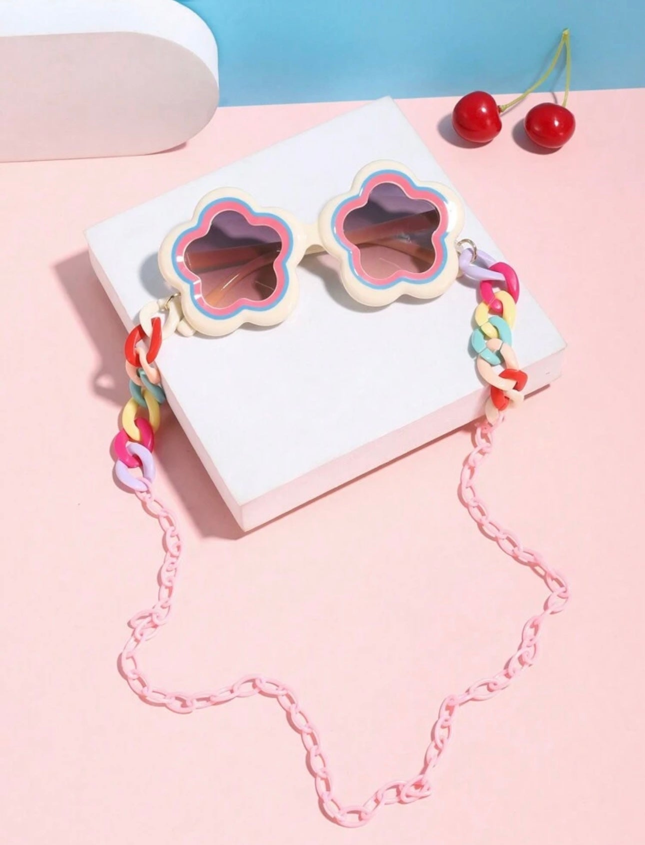 1 PC Girls 4-8Y Bohemian Candy Color Floral Frames Fashion Glasses And 1 Piece Colorful Ring Clasp Eyeglasses Chain Suitable For Vacation, Picnic, Party, Fashionable Wear And Holiday Gift