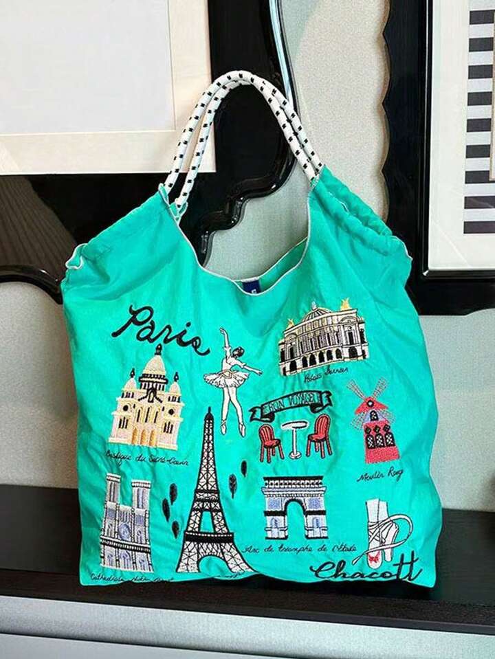 New Embroidered Eiffel Tower Design Shopping Tote Bag, Large Capacity Nylon Travel Tote