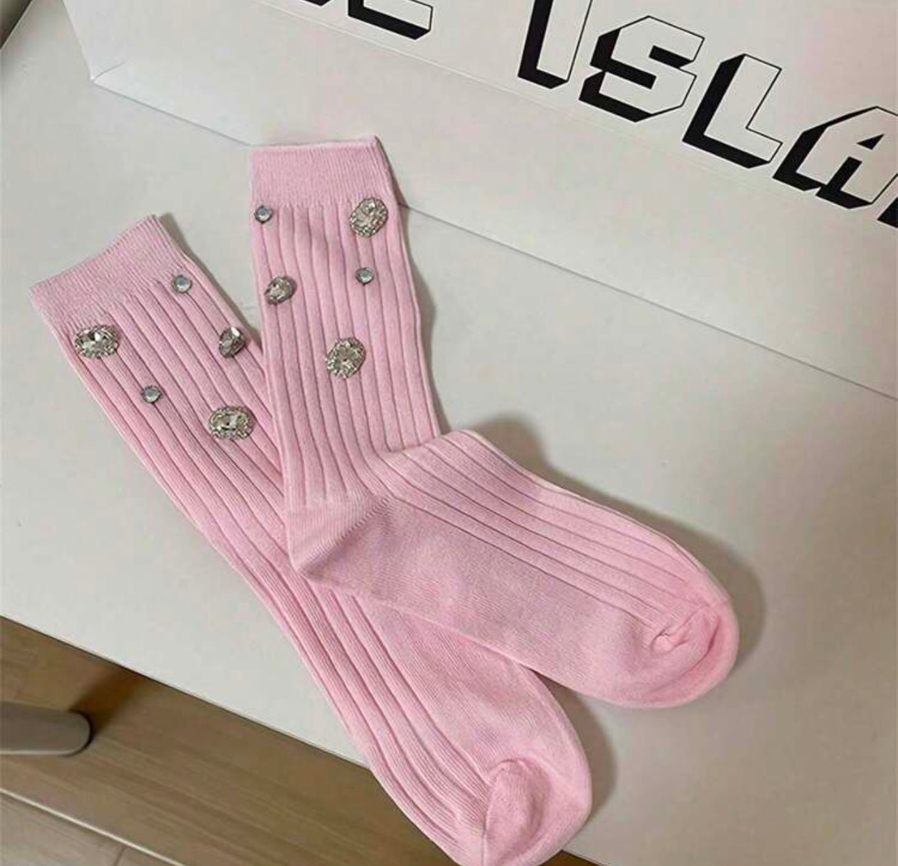 1 Pair Rhinestone Decor Ribbed Socks