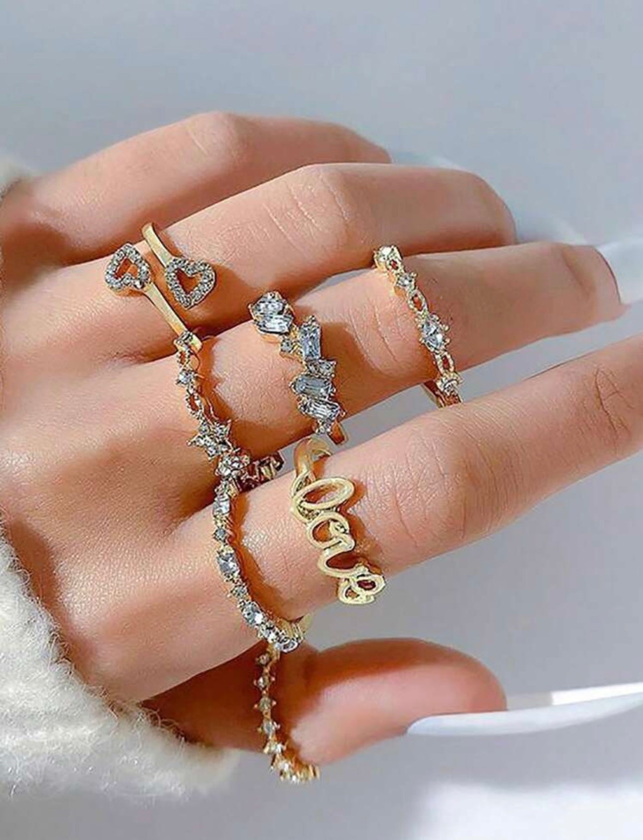 7pcs Set Full Crystal Heart Rings