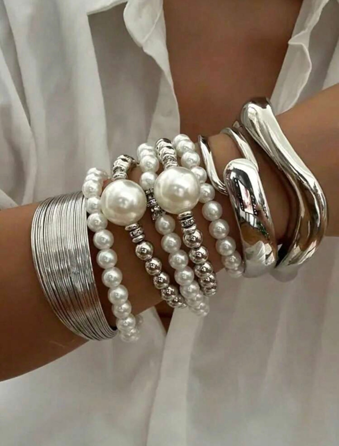 5pcs/Set Vintage Oversized Luxurious Quality CCB Bead & Faux Pearl Layered Bracelet Set,