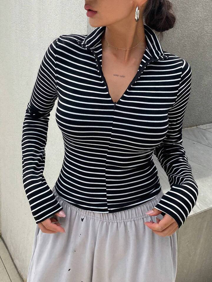 Women's V-Neck Long Sleeve Striped Design Fitted Street Style T-Shirt, Casual Tee