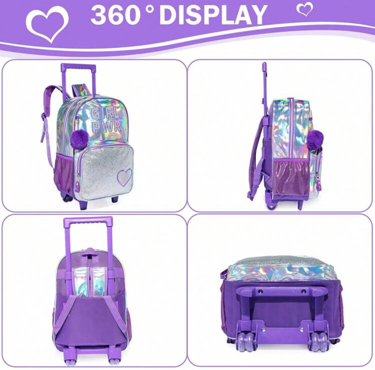 3PCS Shiny Kids Roller Backpack, Airplane Bag, Suitcase, Perfect For Girls To Go To School, Vacation, Travel, Travel Bag With Wheels, School Supplies, Best Gift For Kids.