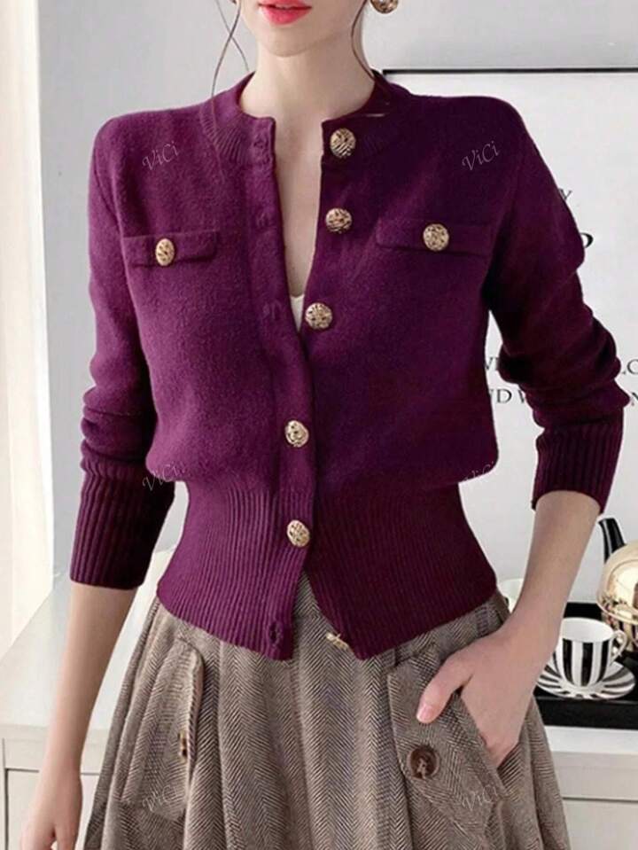 Casual Solid Color Long Sleeve Knit Ribbed Button Mock Pocket Round Neck Cardigan