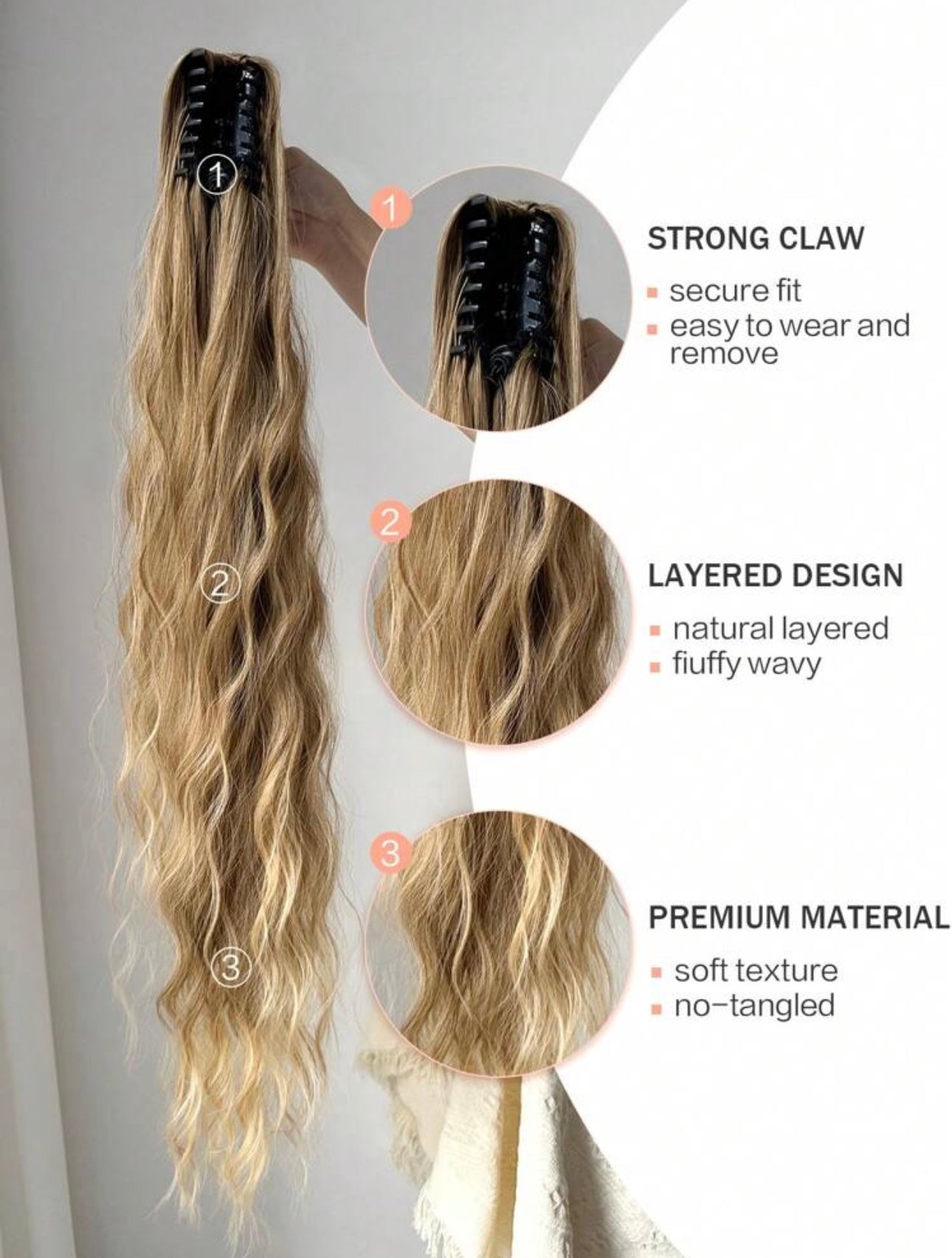 Claw Ponytail Extension 32 Inch Brown Blonde Color Water Wave Wavy Curly Clip In Hair Extensions Soft Natural Looking Synthetic Hairpiece For Women