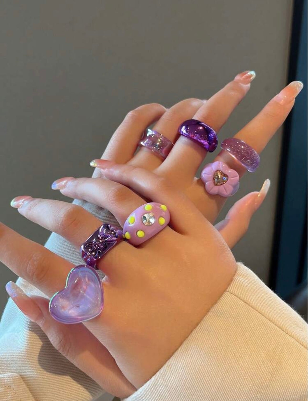 7pcs/Set Fashionable Purple Floral Heart Shaped Punk Ring For Women, Cute Resin Ring Set