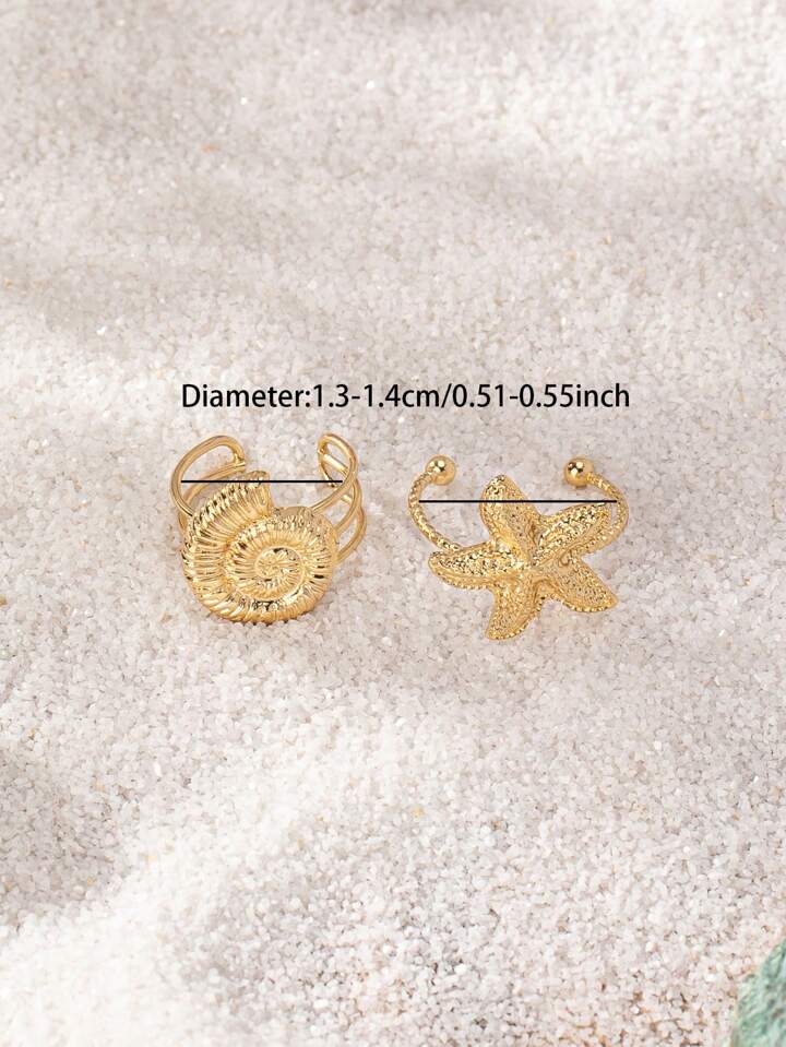 2 Pcs Golden Color Starfish Shell Sea Snail Toe Rings Set