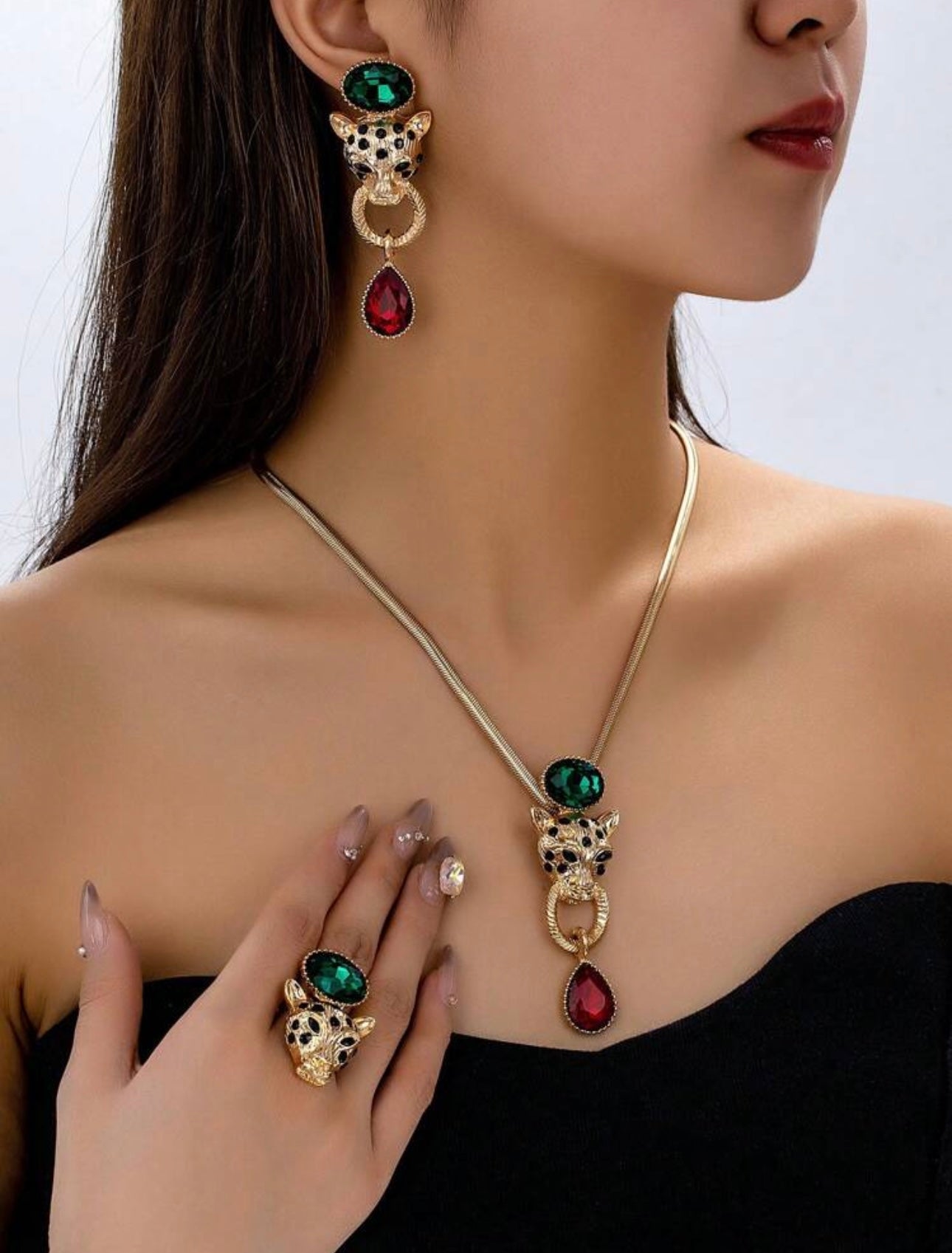 Set Of 4 Pcs European & American Vintage 3D Leopard Pattern Extravagant Niche High-End Necklace, Earrings, Ring