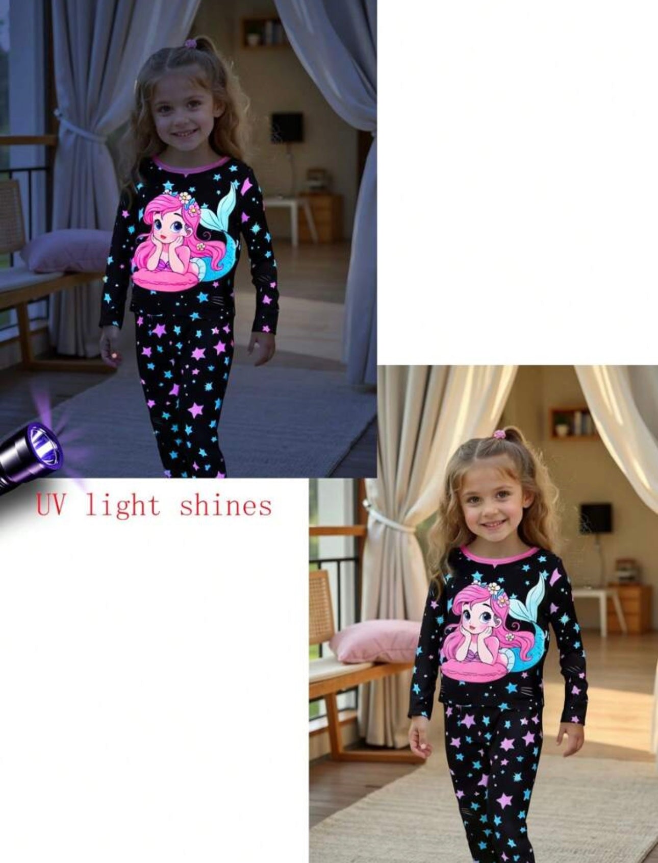 2pcs Young Girl Unicorn Colorful Luminous Star Print Simple Elegant Loose Casual Long Sleeve Pants Pajama Set