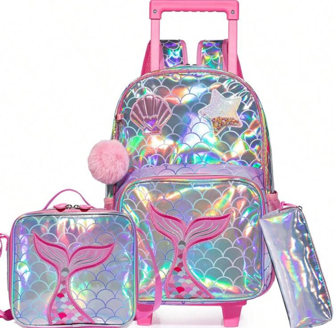 3PCS Shiny Kids Roller Backpack, Airplane Bag, Suitcase, Perfect For Girls To Go To School, Vacation, Travel, Travel Bag With Wheels, School Supplies, Best Gift For Kids.