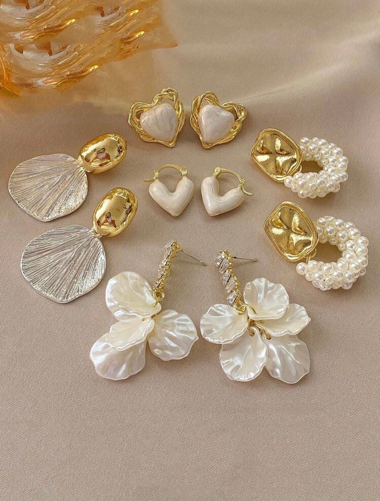 5pcs/Set Elegant Minimalist Retro Round Faux Pearl Zirconia Shell Drop Oil Heart French Style Versatile Luxury Feeling Earrings Suit