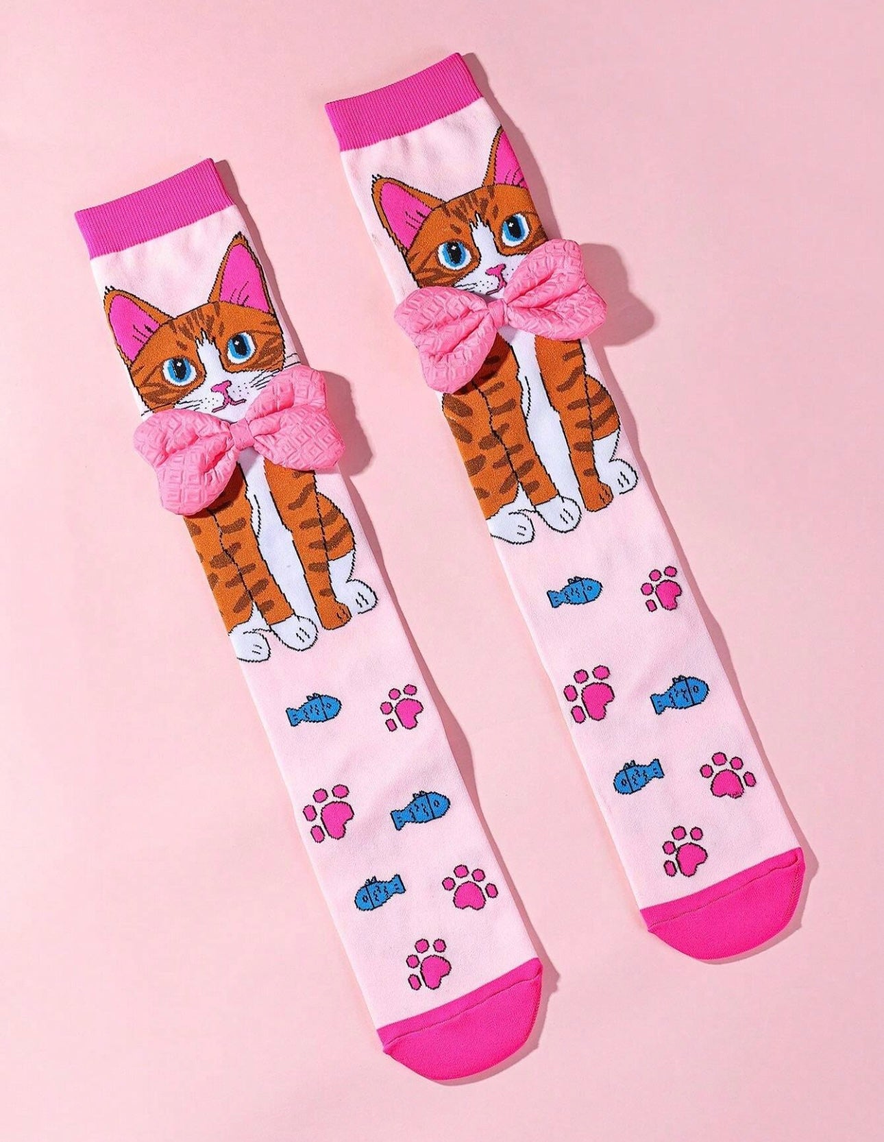 1 Pair Girls Over-The-Knee Socks With Cute Kitty Print, Bow Decor, Fashion Pink Color