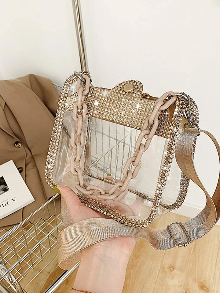 Mini Rhinestone Decor Chain Square Bag Clear PV