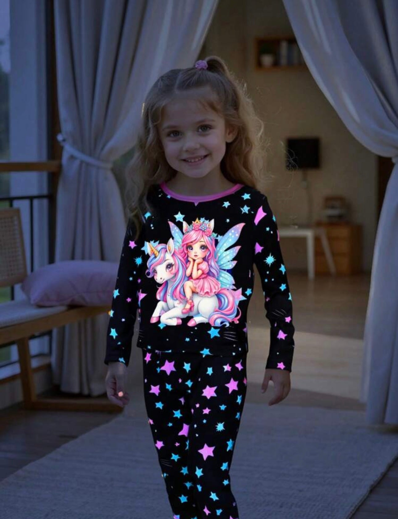 2pcs Young Girl Unicorn Colorful Luminous Star Print Simple Elegant Loose Casual Long Sleeve Pants Pajama Set