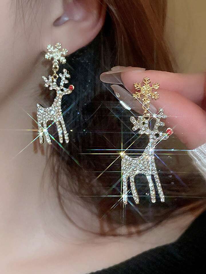 1 Pair Minimalist Rhinestone Snowflake & Reindeer Niche Luxury Elegant Design Earrings