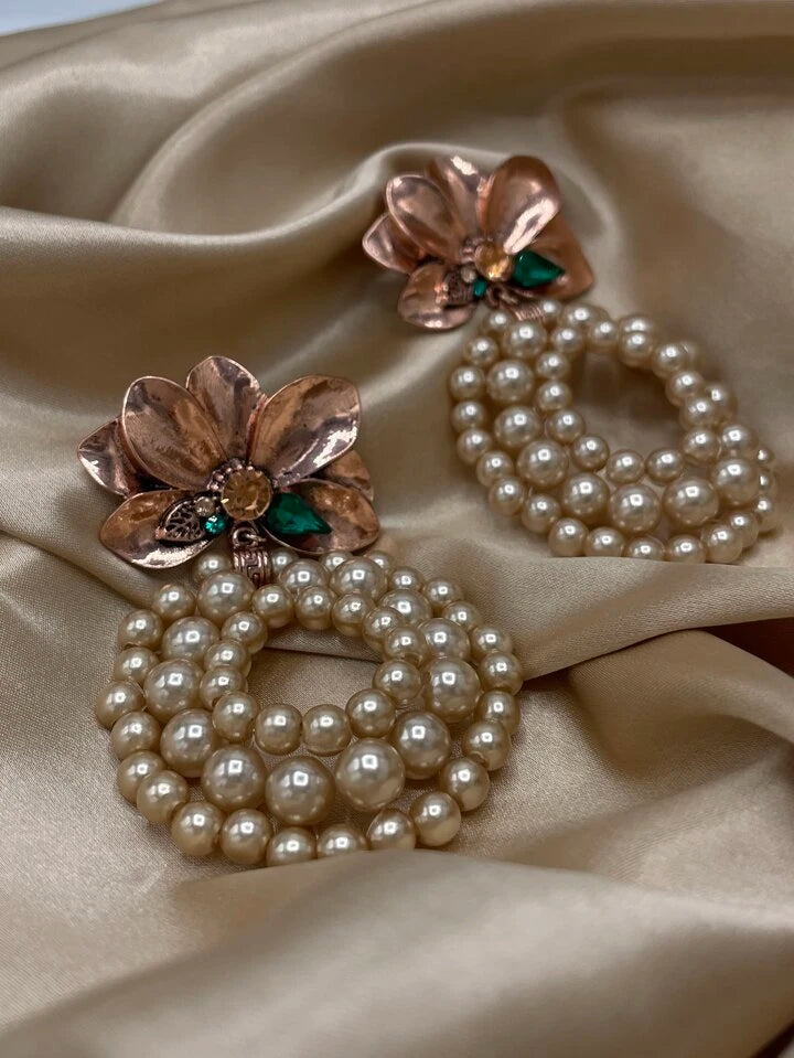 1pair Vintage Flower & Faux Pearl Weaved Exaggerated Dangle Earrings,