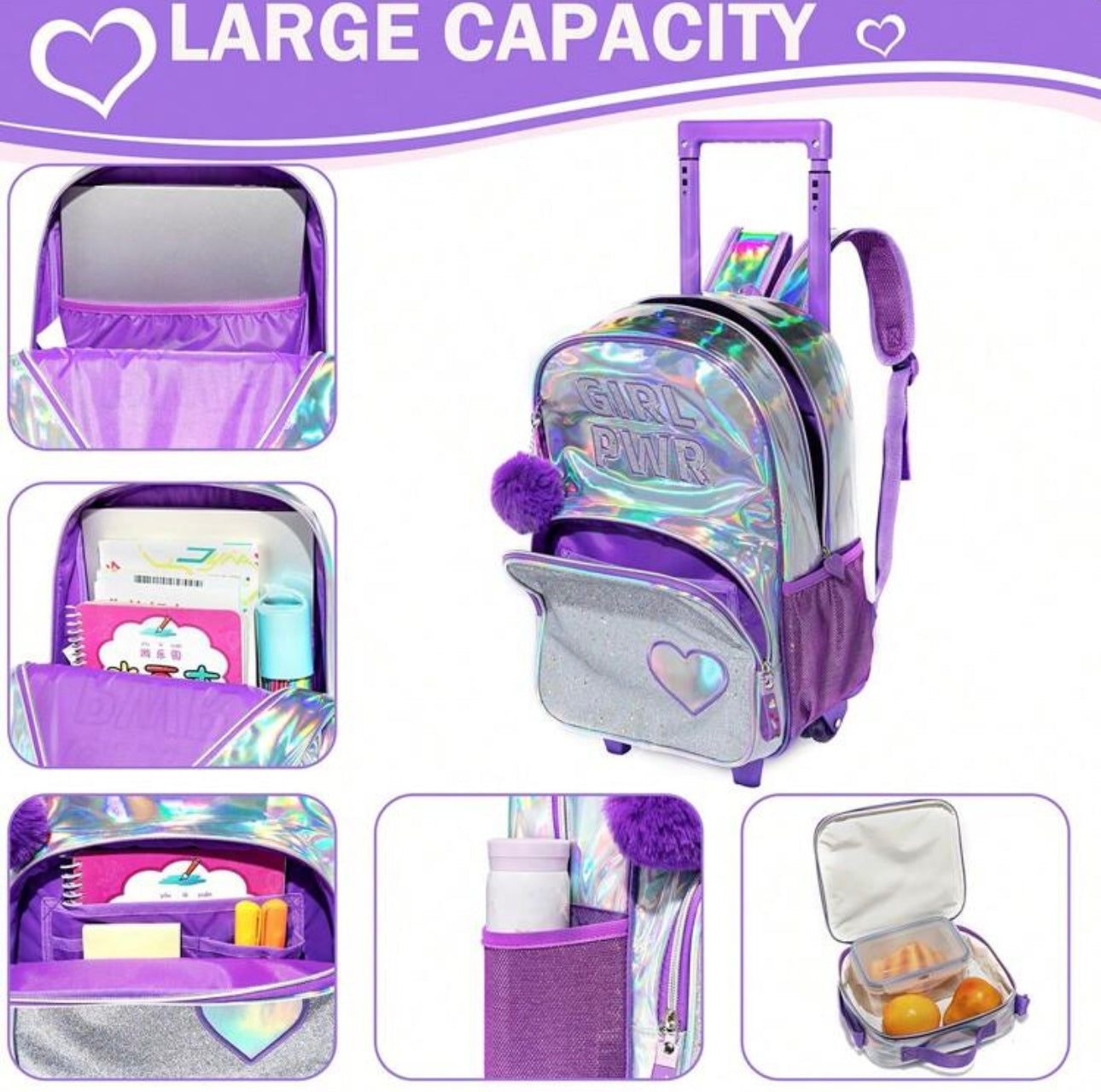 3PCS Shiny Kids Roller Backpack, Airplane Bag, Suitcase, Perfect For Girls To Go To School, Vacation, Travel, Travel Bag With Wheels, School Supplies, Best Gift For Kids.