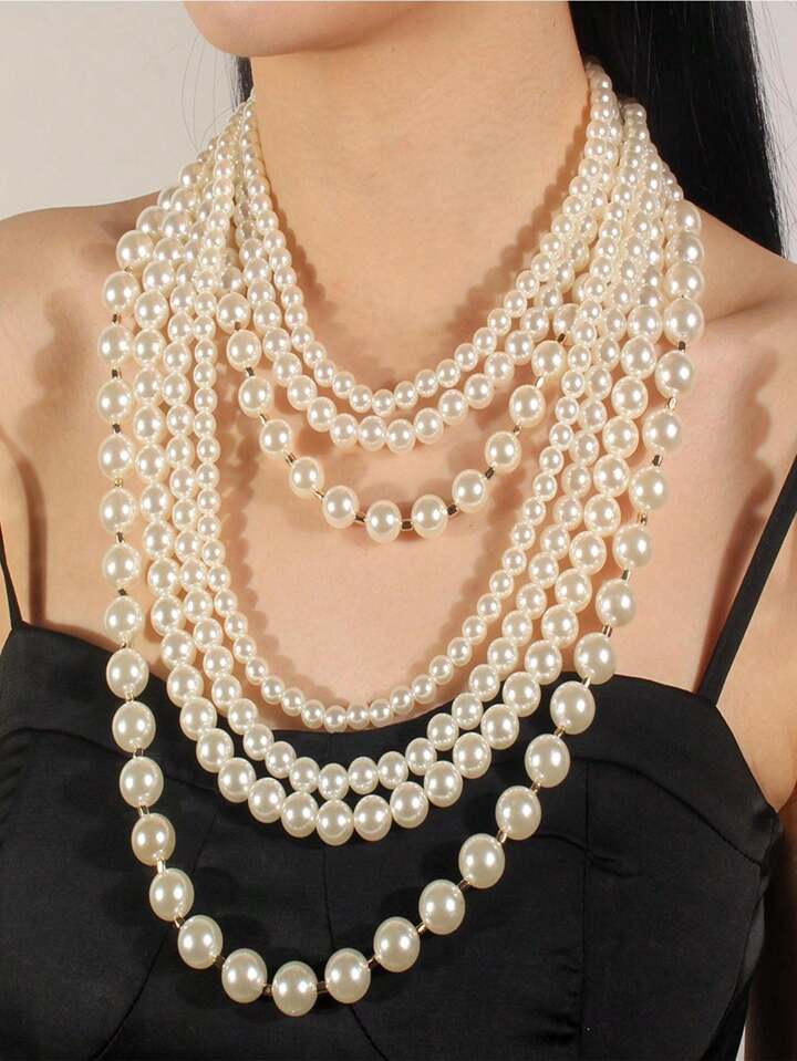 Faux Pearl Beaded Layered Necklace & Earrings