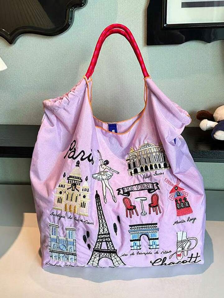 New Embroidered Eiffel Tower Design Shopping Tote Bag, Large Capacity Nylon Travel Tote