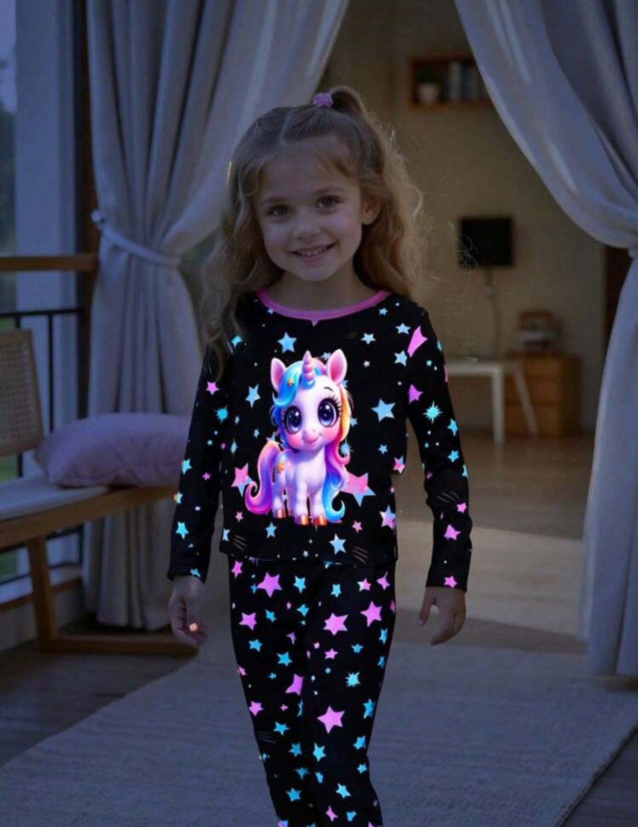 2pcs Young Girl Unicorn Colorful Luminous Star Print Simple Elegant Loose Casual Long Sleeve Pants Pajama Set