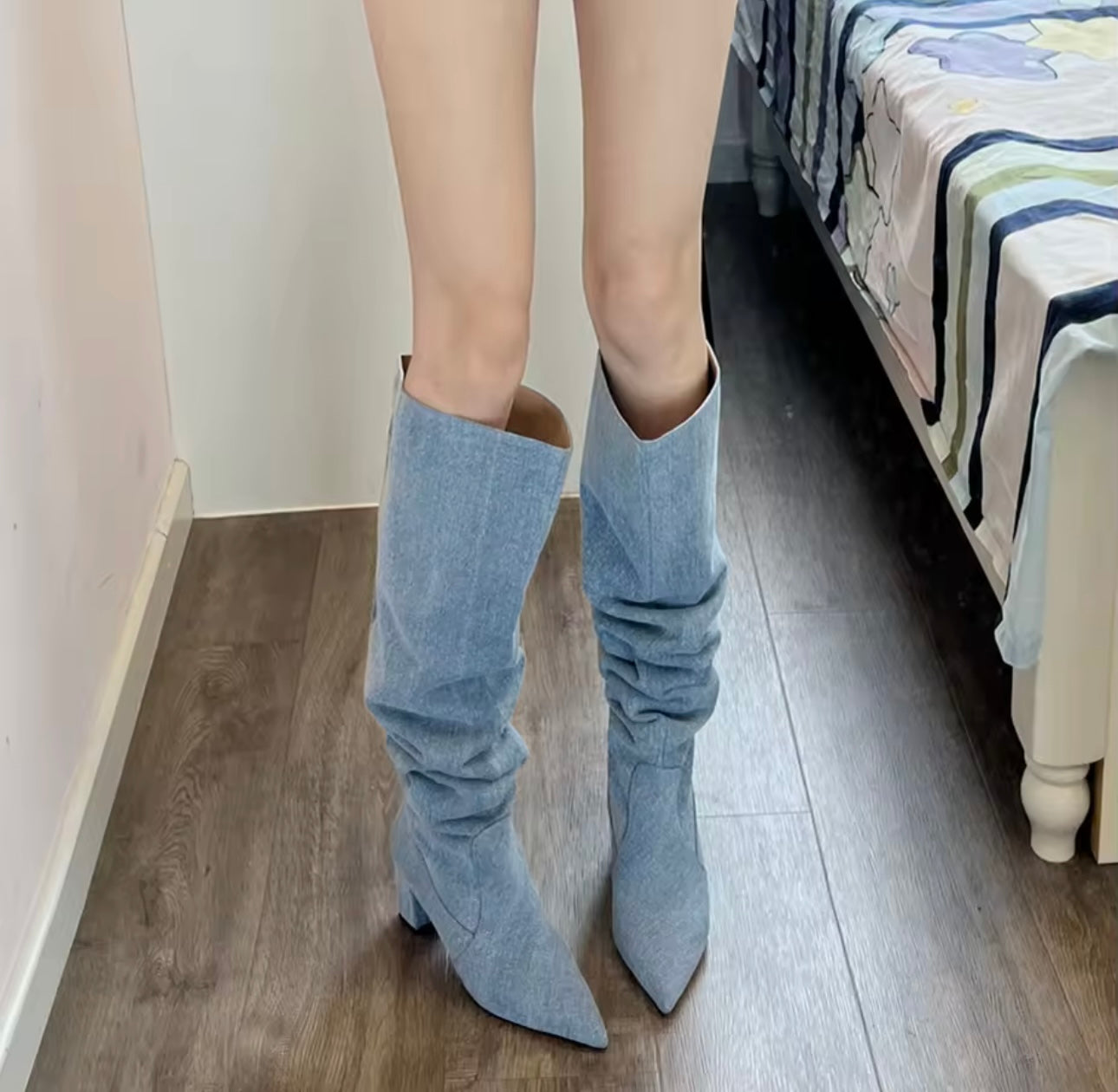 Denim pile up boots