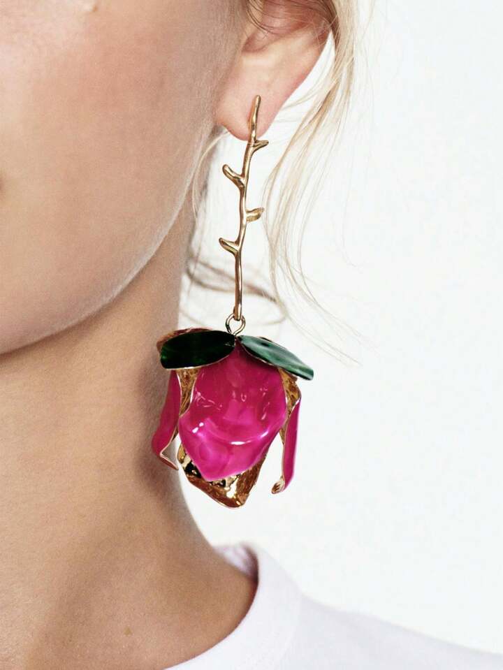 1pair Exaggerated Fashion Enamel Alloy Metal Floral Dangle Earrings For Women