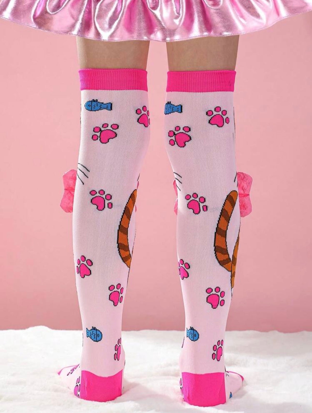 1 Pair Girls Over-The-Knee Socks With Cute Kitty Print, Bow Decor, Fashion Pink Color