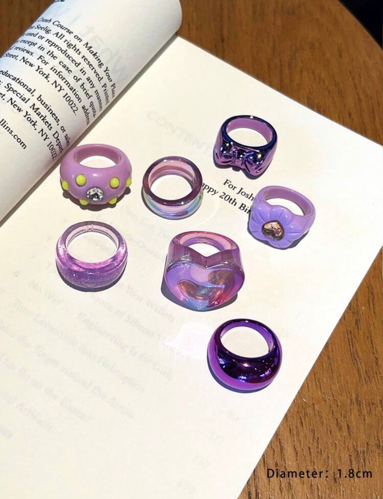 7pcs/Set Fashionable Purple Floral Heart Shaped Punk Ring For Women, Cute Resin Ring Set