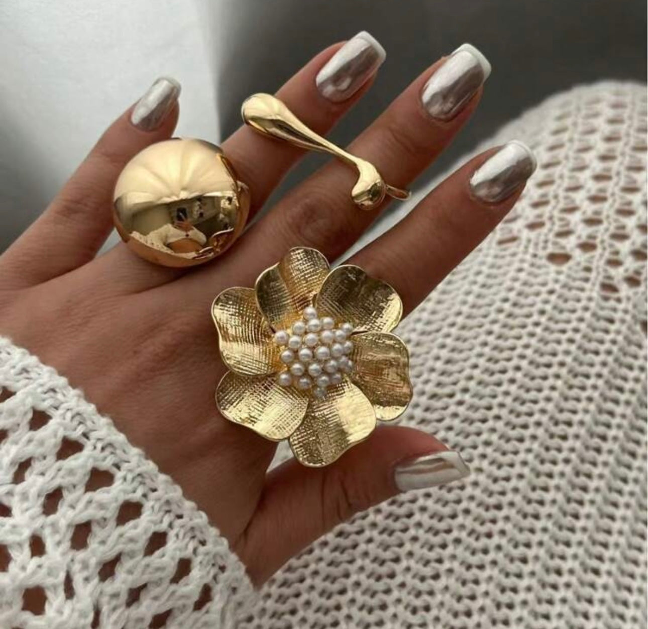 3pcs Faux Pearl Big Flower Smooth Round/Elongated Curve Asymmetrical Ring, Rose Flower, Round Geometric Faux Pearl Rings