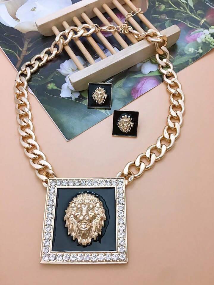 1set European And American Lion Head Design Necklace And Earrings Set