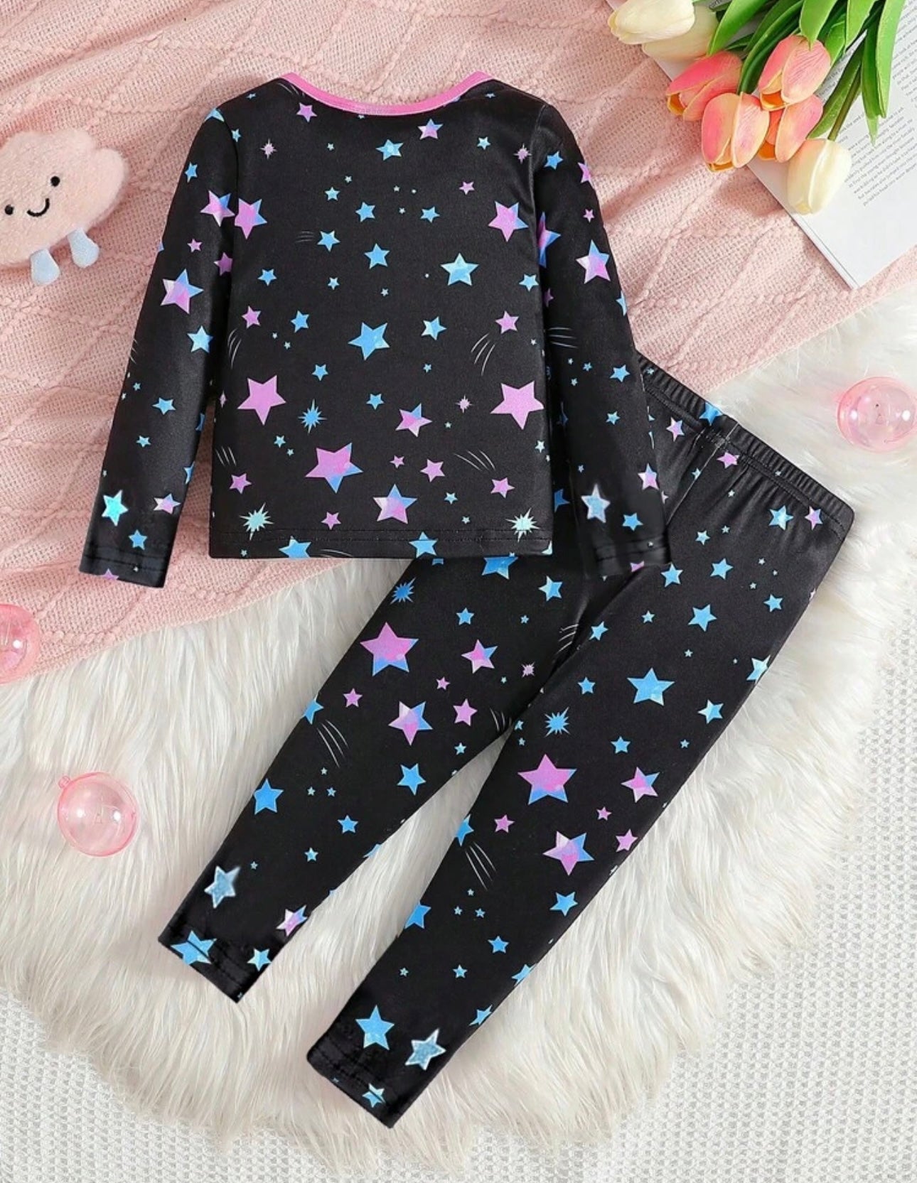 2pcs Young Girl Unicorn Colorful Luminous Star Print Simple Elegant Loose Casual Long Sleeve Pants Pajama Set