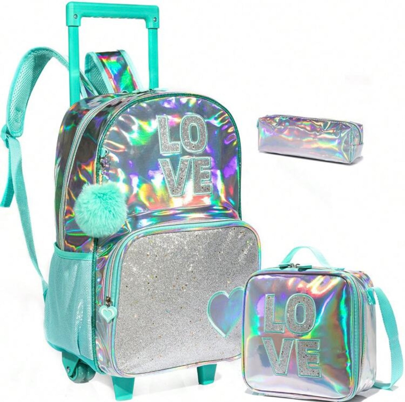 3PCS Shiny Kids Roller Backpack, Airplane Bag, Suitcase, Perfect For Girls To Go To School, Vacation, Travel, Travel Bag With Wheels, School Supplies, Best Gift For Kids.