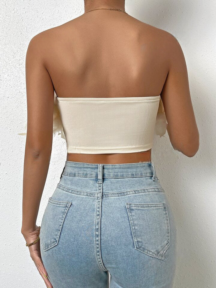 BAE Contrast Fuzzy Asymmetrical Hem Crop Tube Top