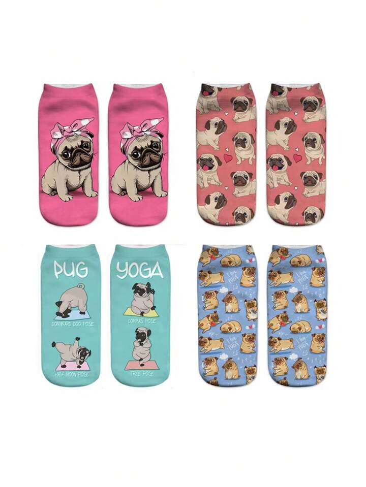 4pairs/Set Women's Dog Pattern Printed Short Socks