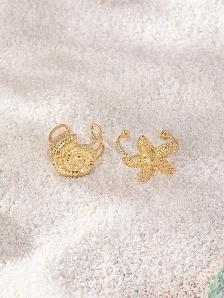 2 Pcs Golden Color Starfish Shell Sea Snail Toe Rings Set